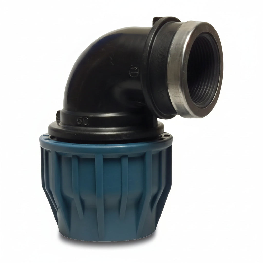 Böj 90° PP 50 mm x 1 1/2" spänn x invändig gänga - Poolbygget
