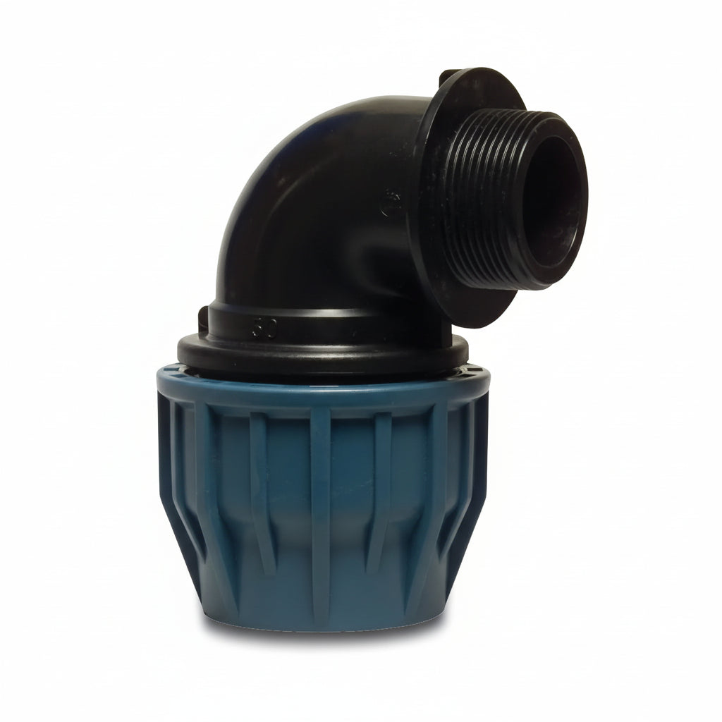 Böj 90° PP 50 mm x 1 1/2" spänn x utvändig gänga - Poolbygget