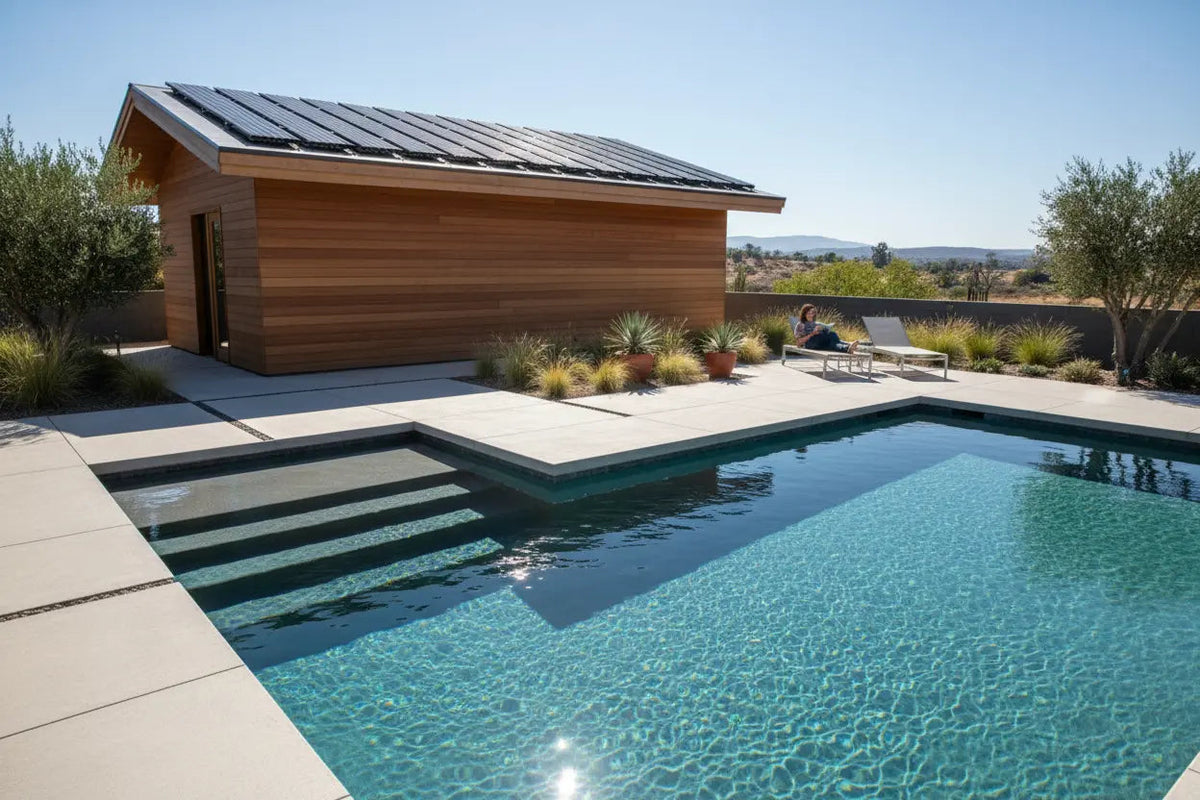 Moderna solfångare installerade på tak vid pool