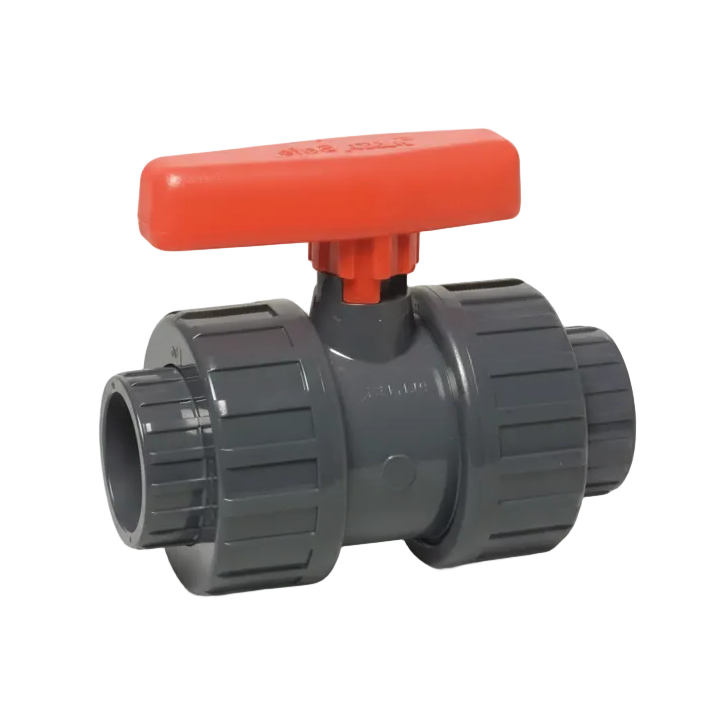 Plumbing ball valve with red handle on a white background