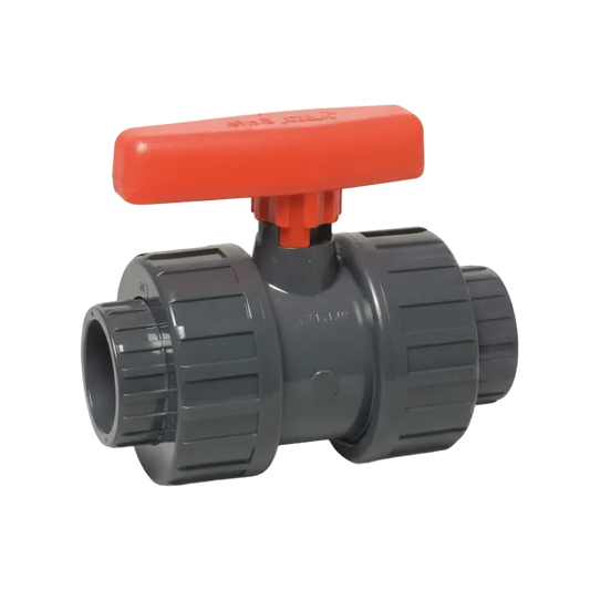 Plumbing ball valve with red handle on a white background