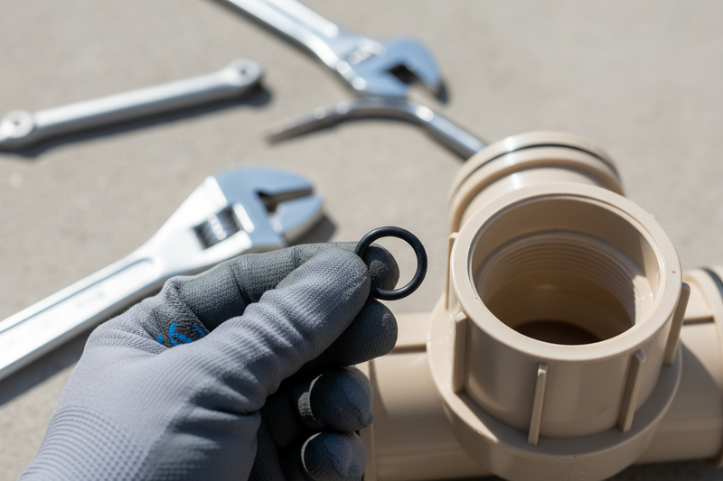 Technician holding O-ring next to spa pump